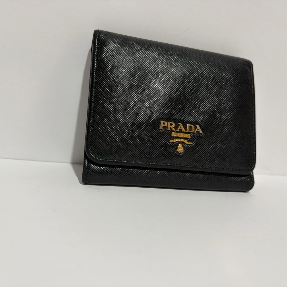 Prada Black Leather Belford Wallet with Gold Logo